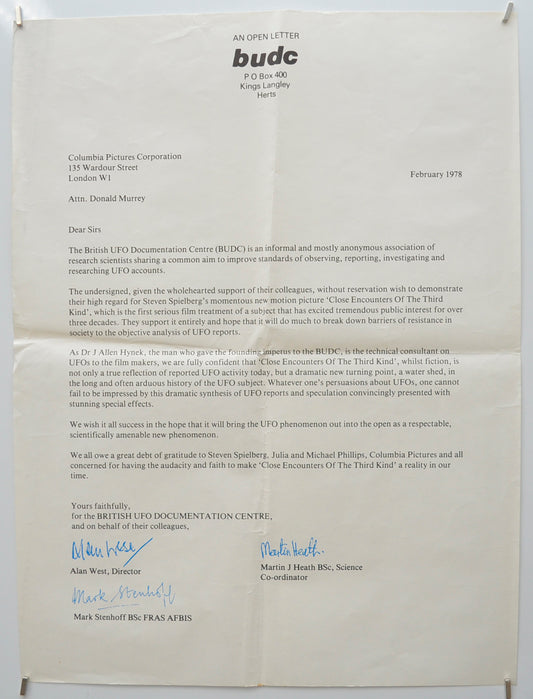 Close Encounters Of The Third Kind - Original Crown Size Open Letter from the BUDC (British UFO Documentation Centre)