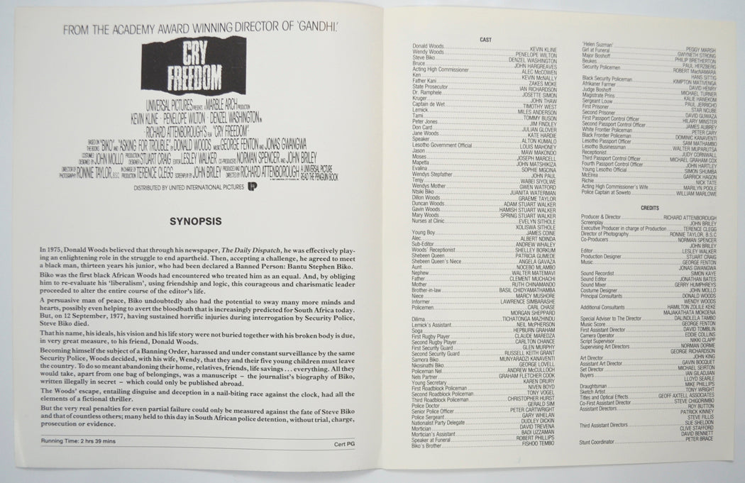 CRY FREEDOM Cinema Exhibitors Press Synopsis Credits Booklet - INSIDE 