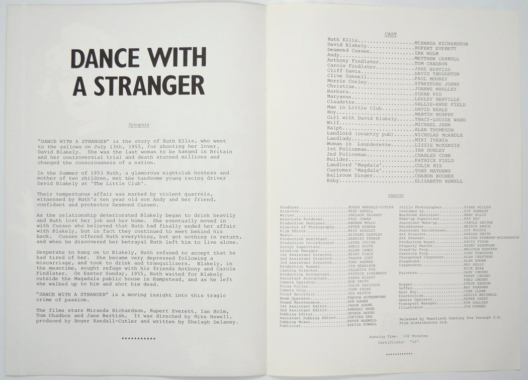 DANCE WITH A STRANGER Cinema Exhibitors Press Synopsis Credits Booklet - INSIDE 