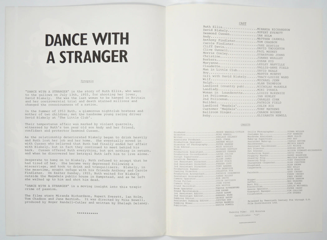 DANCE WITH A STRANGER Cinema Exhibitors Press Synopsis Credits Booklet - INSIDE 