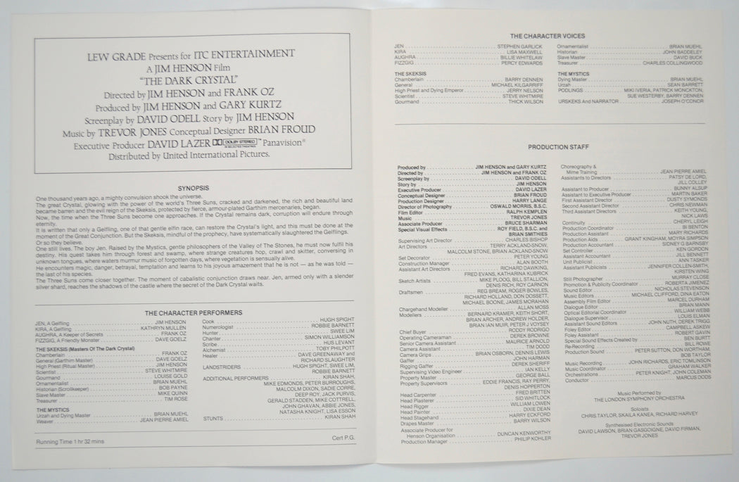 THE DARK CRYSTAL Cinema Exhibitors Press Synopsis Credits Booklet - INSIDE 