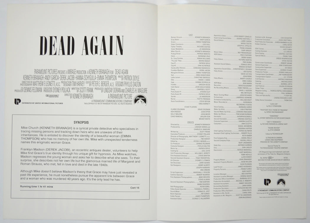 DEAD AGAIN Cinema Exhibitors Press Synopsis Credits Booklet - INSIDE 