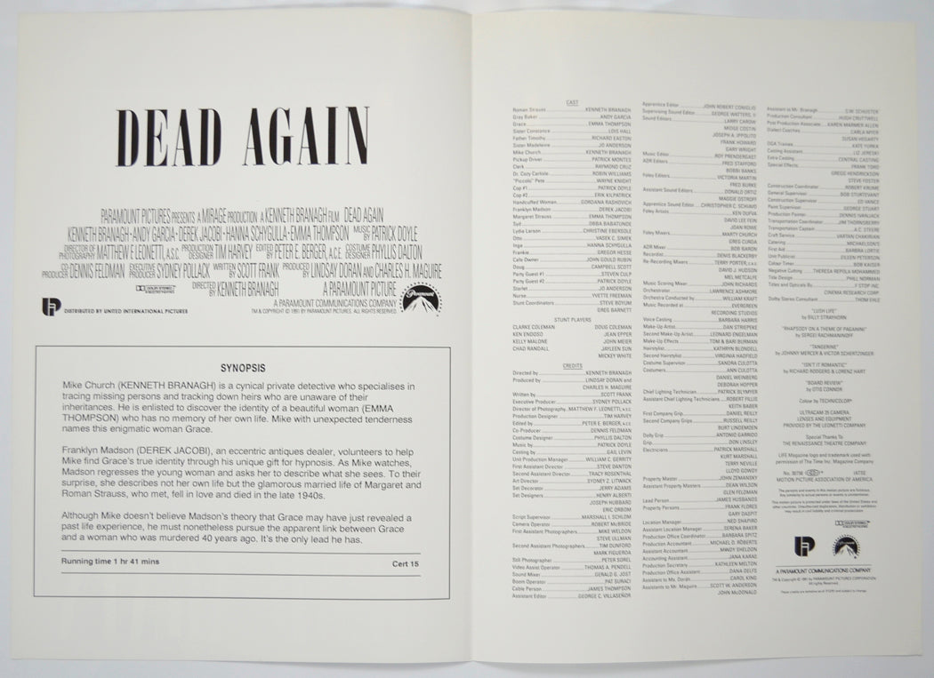 DEAD AGAIN Cinema Exhibitors Press Synopsis Credits Booklet - INSIDE 