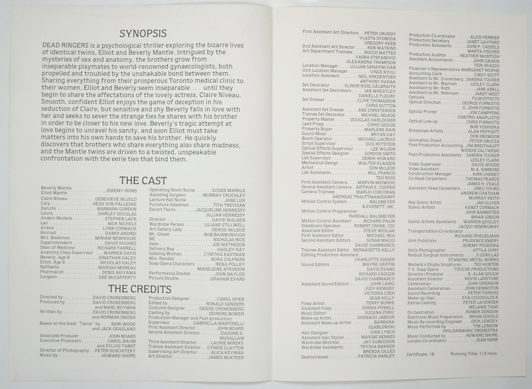 DEAD RINGERS Cinema Exhibitors Press Synopsis Credits Booklet - INSIDE 