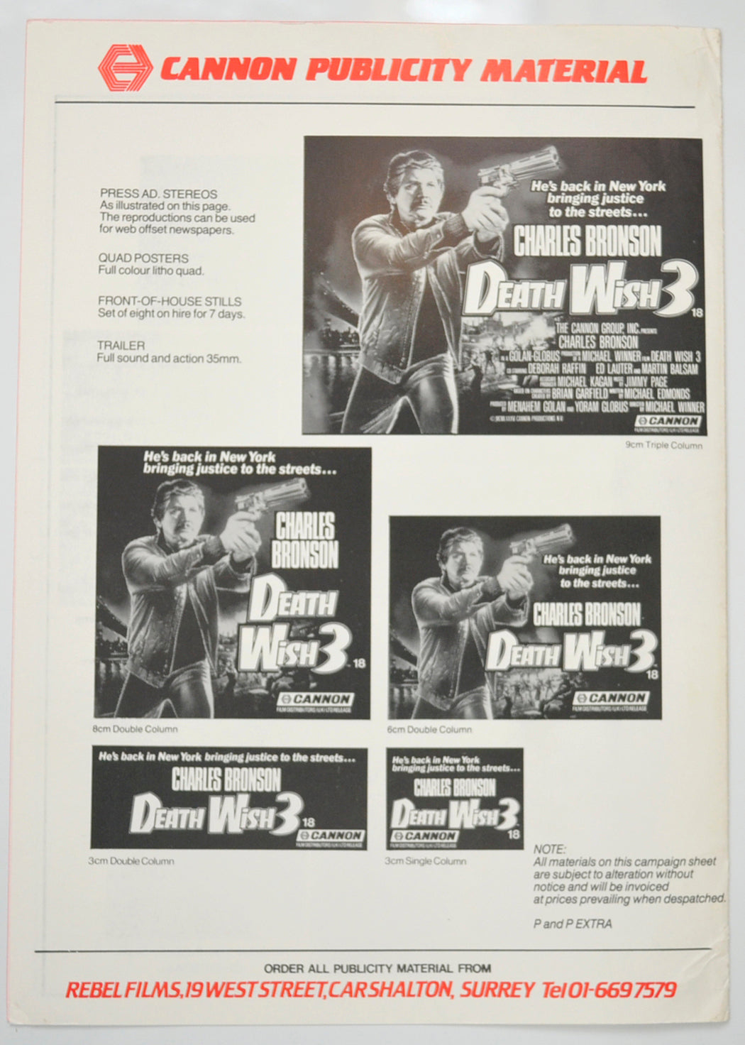 DEATH WISH 3 Cinema Exhibitors Campaign Pressbook - BACK 