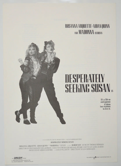 Desperately Seeking Susan Original Cinema Exhibitors Press Synopsis / Credits Booklet (UK)