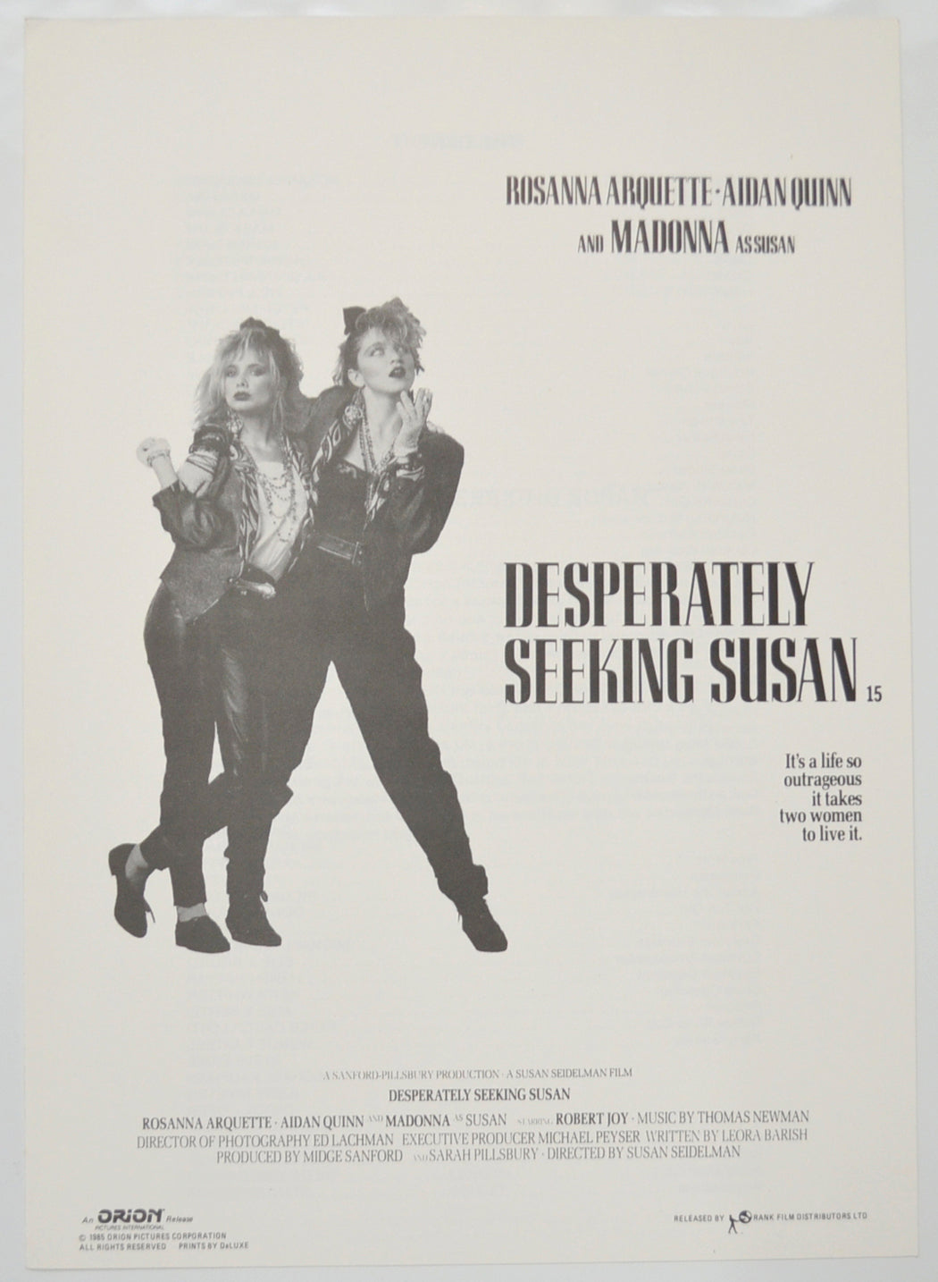 Desperately Seeking Susan Original Cinema Exhibitors Press Synopsis / Credits Booklet (UK)