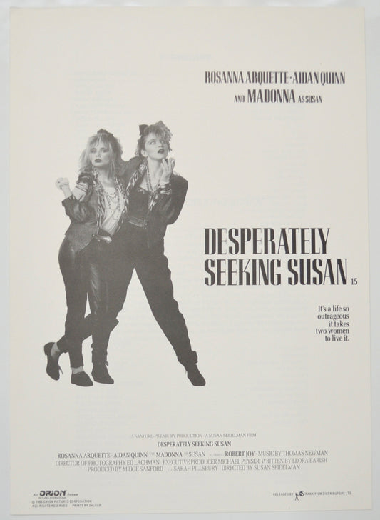 Desperately Seeking Susan Original Cinema Exhibitors Press Synopsis / Credits Booklet (UK)