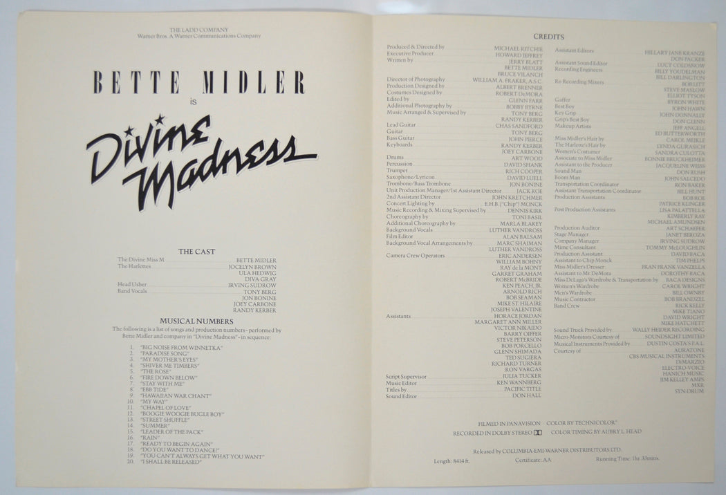 DIVINE MADNESS Cinema Exhibitors Press Synopsis Credits Booklet - INSIDE 