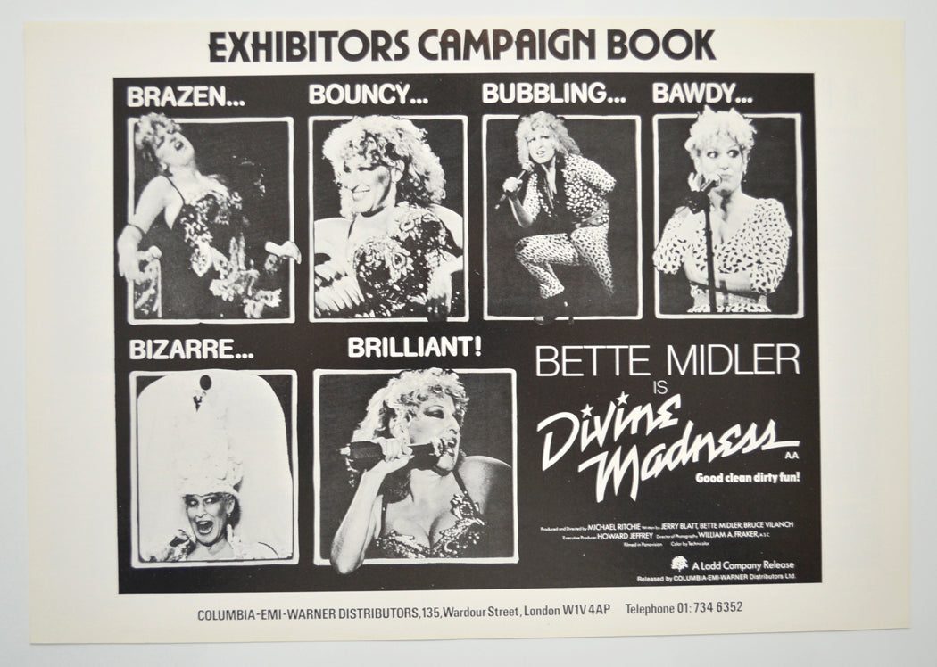 Divine Madness (Bette Midler Is) Original 4 Page Cinema Exhibitors Campaign Pressbook (UK)