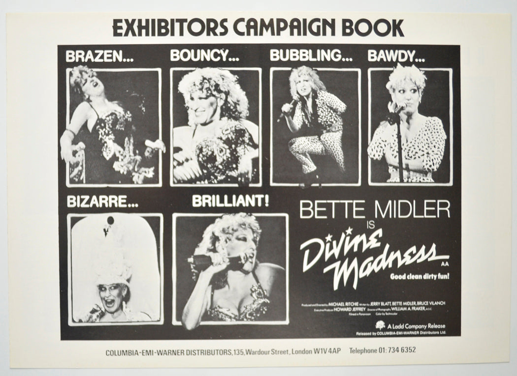 Divine Madness (Bette Midler Is) Original 4 Page Cinema Exhibitors Campaign Pressbook (UK)