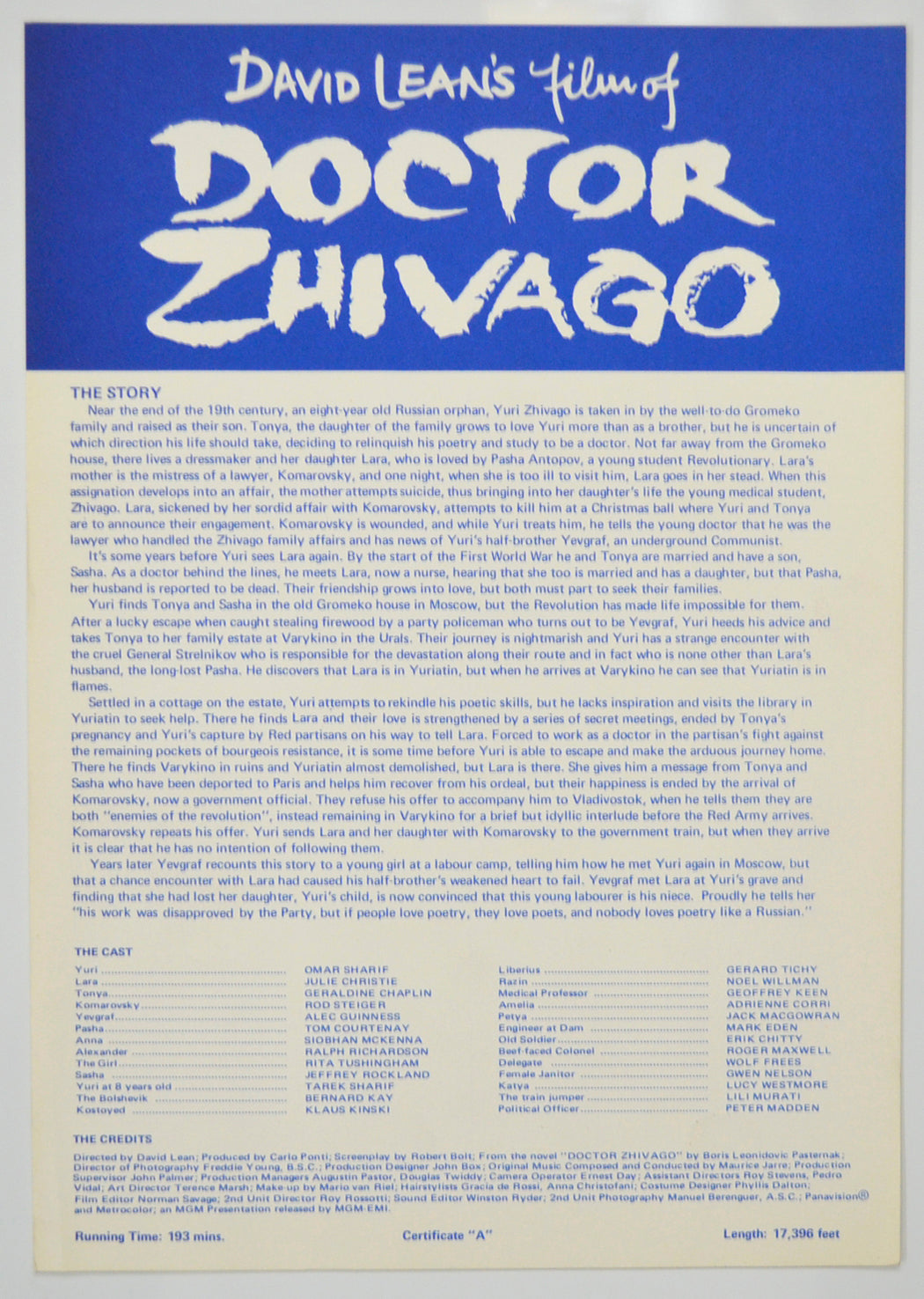 Doctor Zhivago Original Cinema Exhibitors Press Synopsis / Credits Sheet (UK)