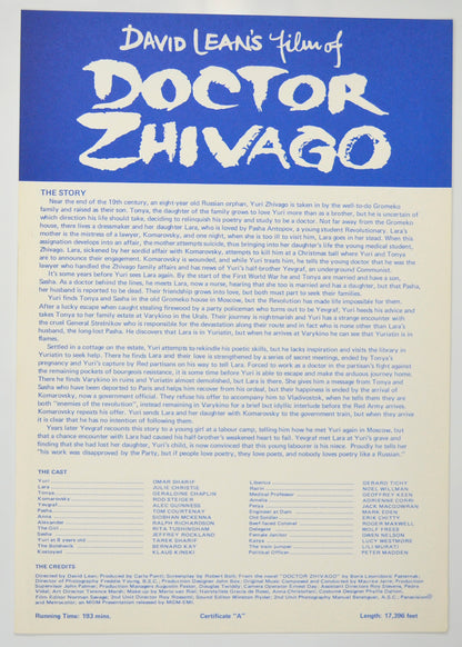 Doctor Zhivago Original Cinema Exhibitors Press Synopsis / Credits Sheet (UK)