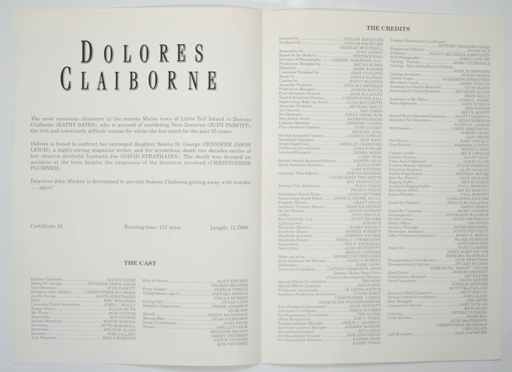 DOLORES CLAIBORNE Cinema Exhibitors Press Synopsis Credits Booklet - INSIDE 