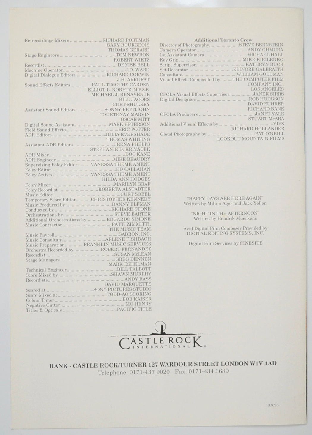 DOLORES CLAIBORNE Cinema Exhibitors Press Synopsis Credits Booklet - BACK 