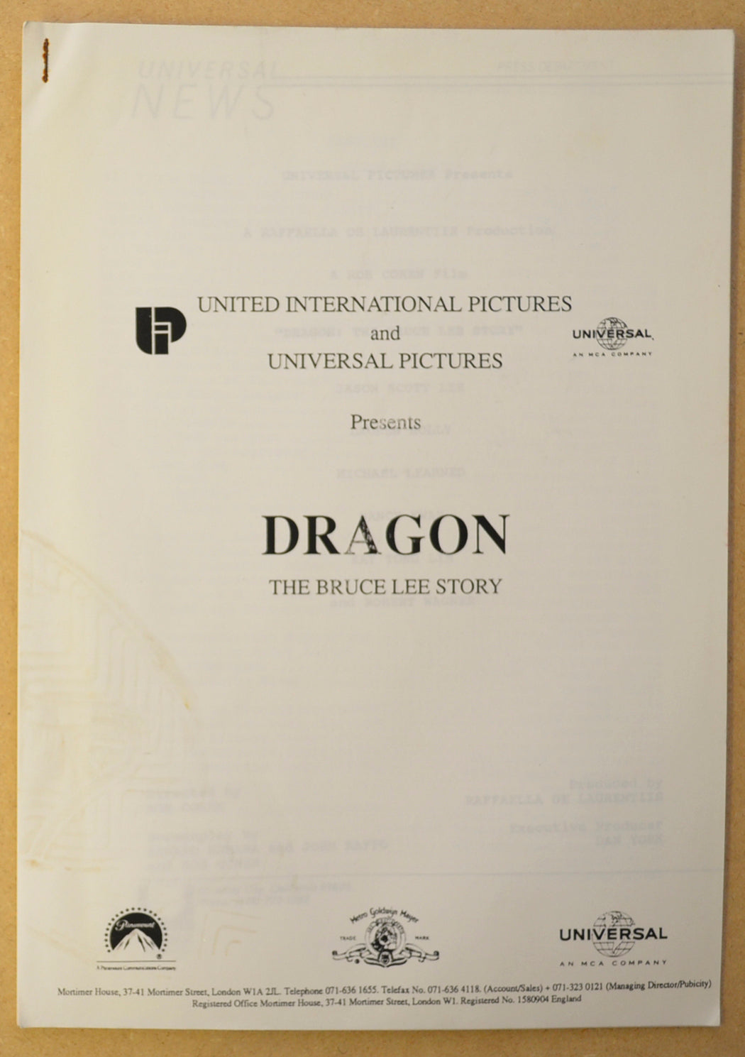 DRAGON : THE BRUCE LEE STORY Original Cinema Press Kit – Production Info 