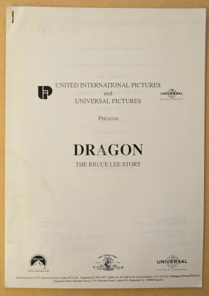 DRAGON : THE BRUCE LEE STORY Original Cinema Press Kit – Production Info 