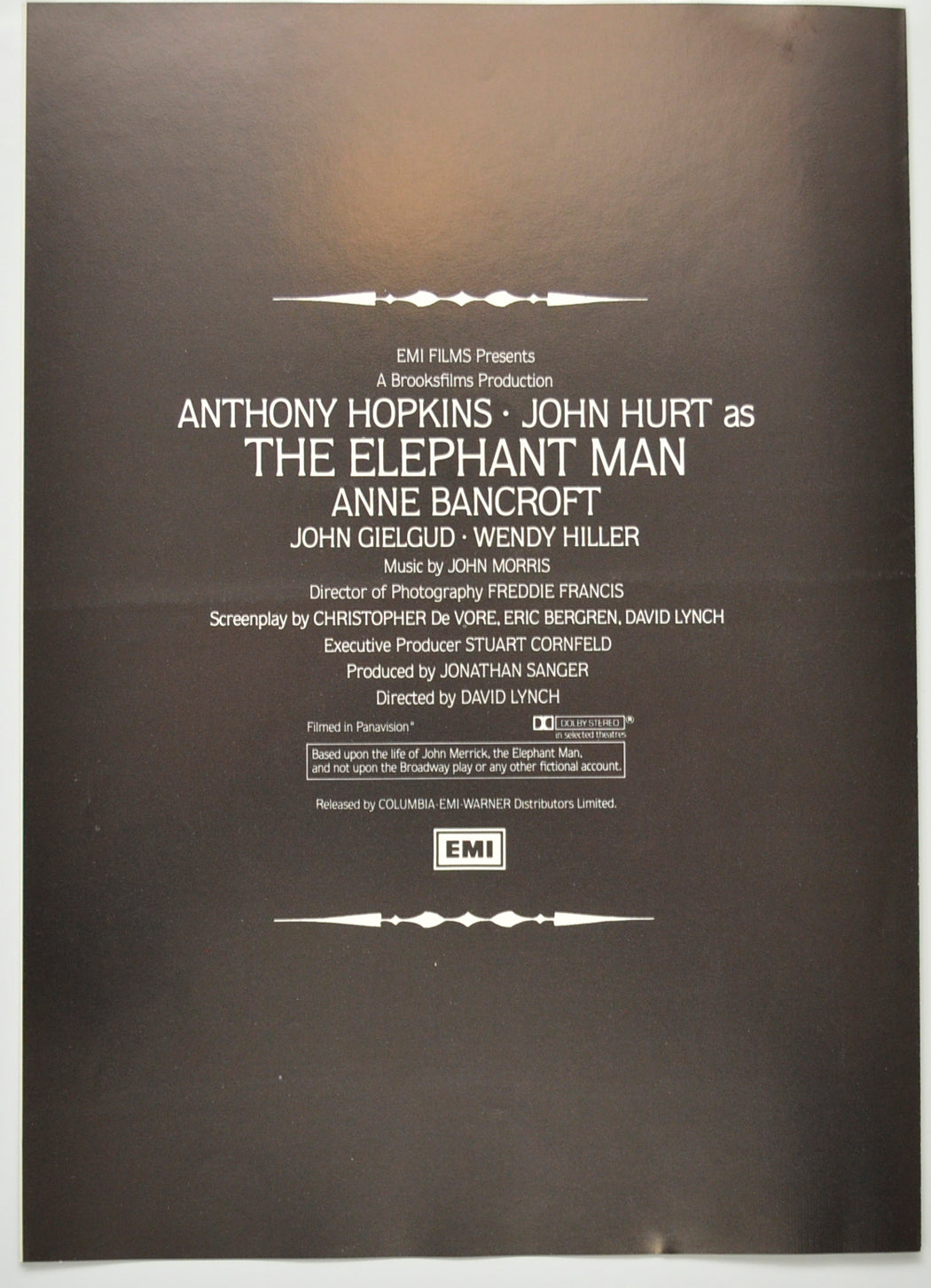 THE ELEPHANT MAN Cinema Exhibitors Press Synopsis Credits Booklet - BACK 