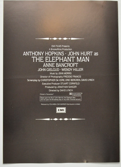 THE ELEPHANT MAN Cinema Exhibitors Press Synopsis Credits Booklet - BACK 