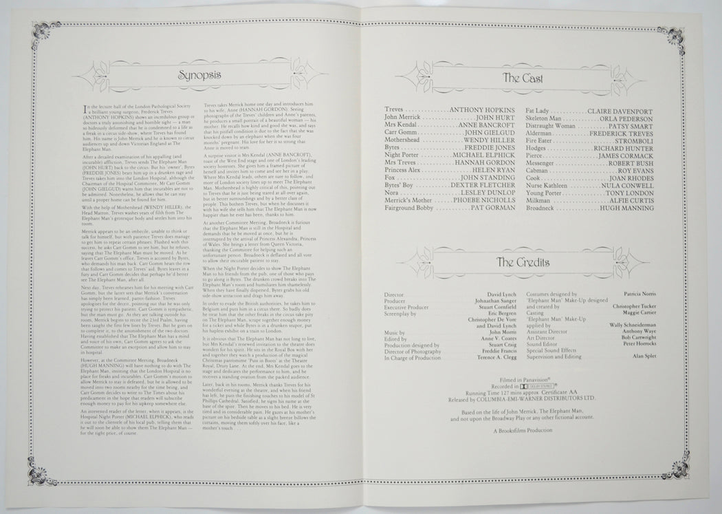 THE ELEPHANT MAN Cinema Exhibitors Press Synopsis Credits Booklet - INSIDE 