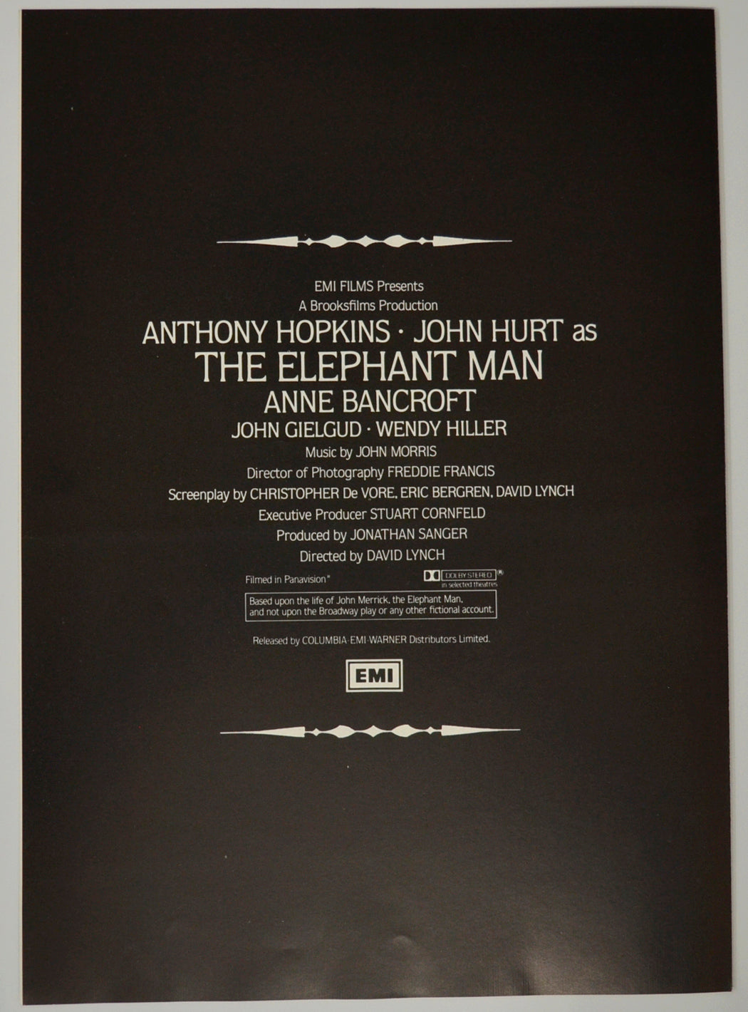 THE ELEPHANT MAN Cinema Exhibitors Press Synopsis Credits Booklet - BACK 