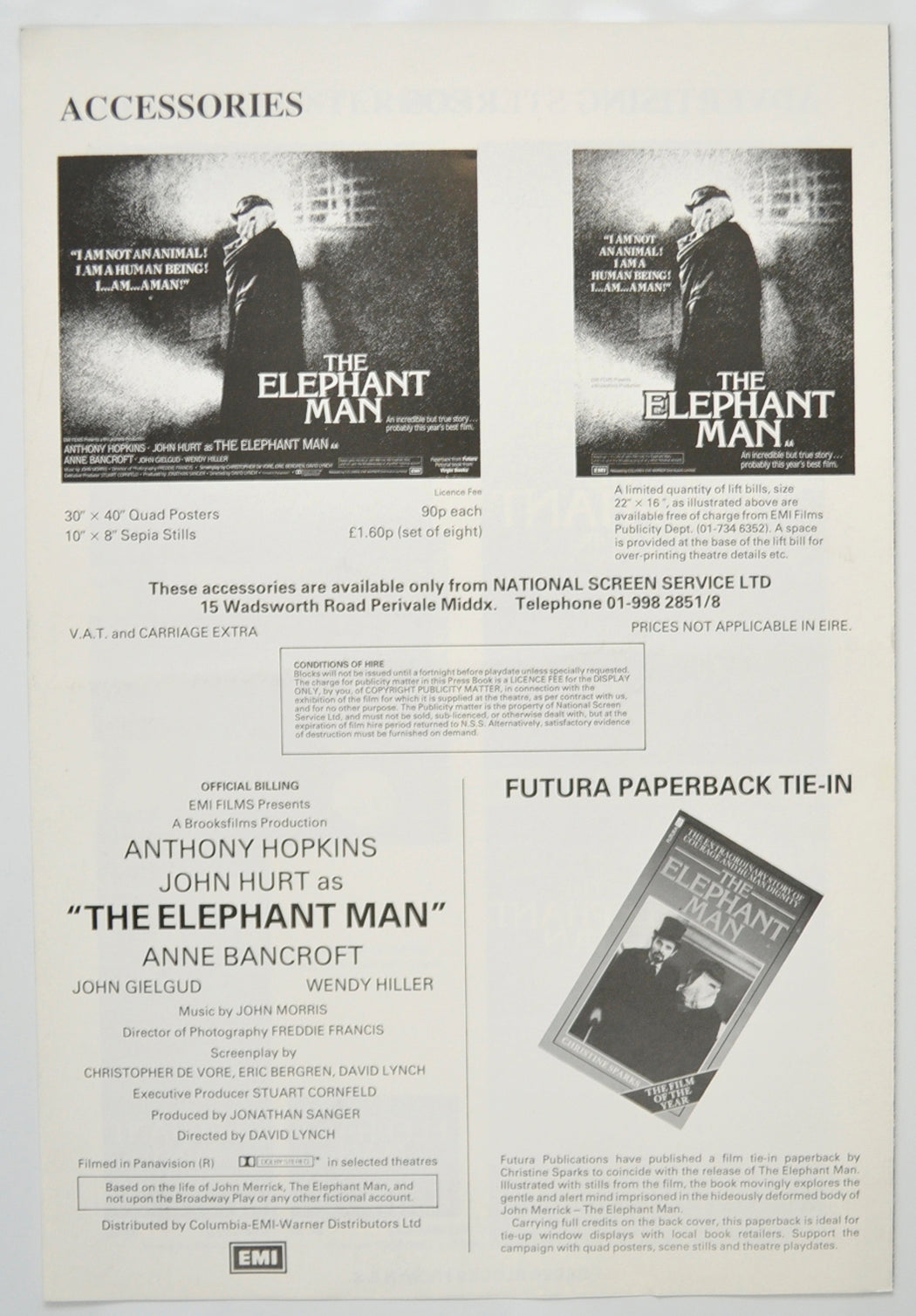 THE ELEPHANT MAN Cinema Exhibitors Campaign Pressbook - BACK 