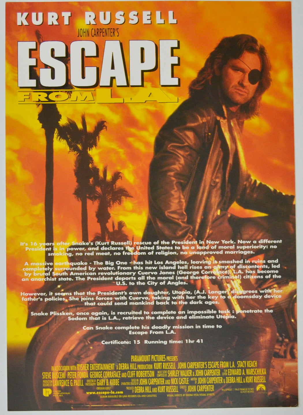 Escape From L.A. Original Cinema Exhibitors Press Synopsis / Credits Card (UK)