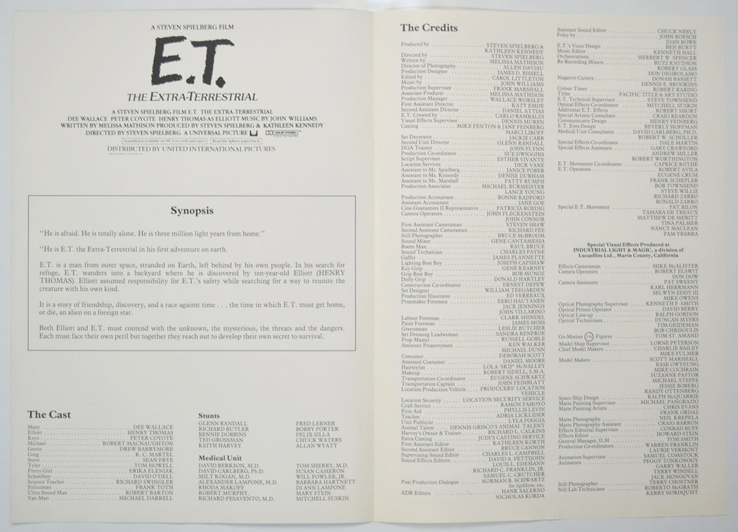 E.T. THE EXTRA TERRESTRIAL Cinema Exhibitors Press Synopsis Credits Booklet - INSIDE 