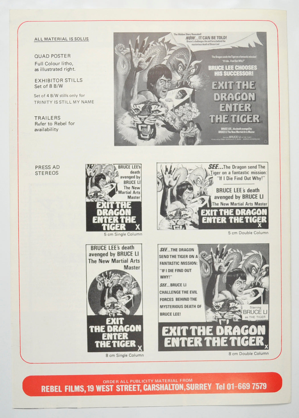 EXIT THE DRAGON ENTER THE TIGER Cinema Exhibitors Campaign Pressbook - BACK 