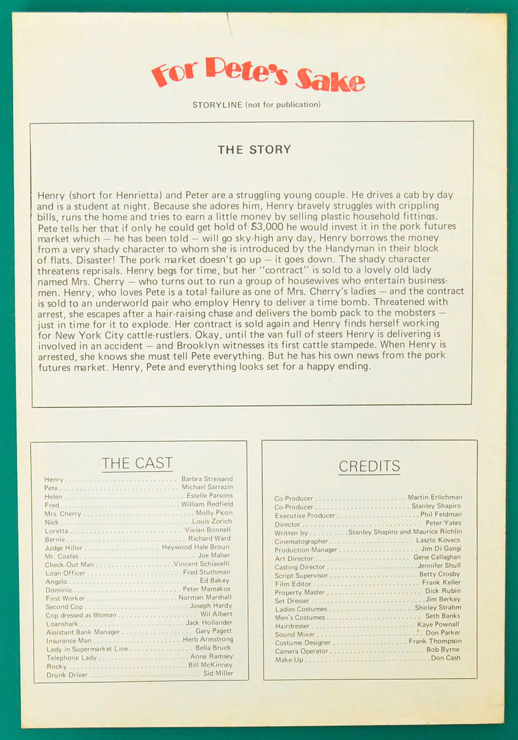 FOR PETE’S SAKE – Cinema Exhibitors Campaign Press Book - Back