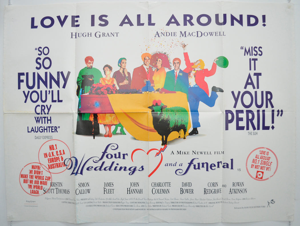 Four Weddings And A Funeral  (Reviews Version)   Original Quad Poster - Film Poster - Movie Poster  