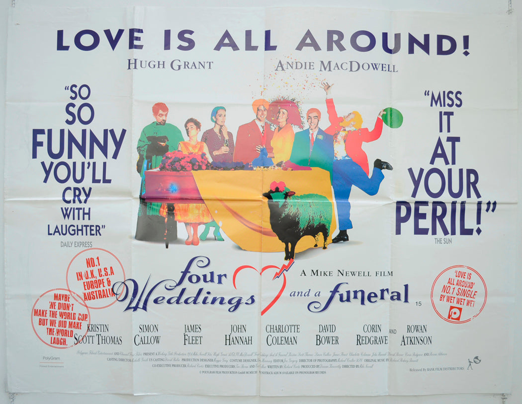 Four Weddings And A Funeral  (Reviews Version)   Original Quad Poster - Film Poster - Movie Poster  