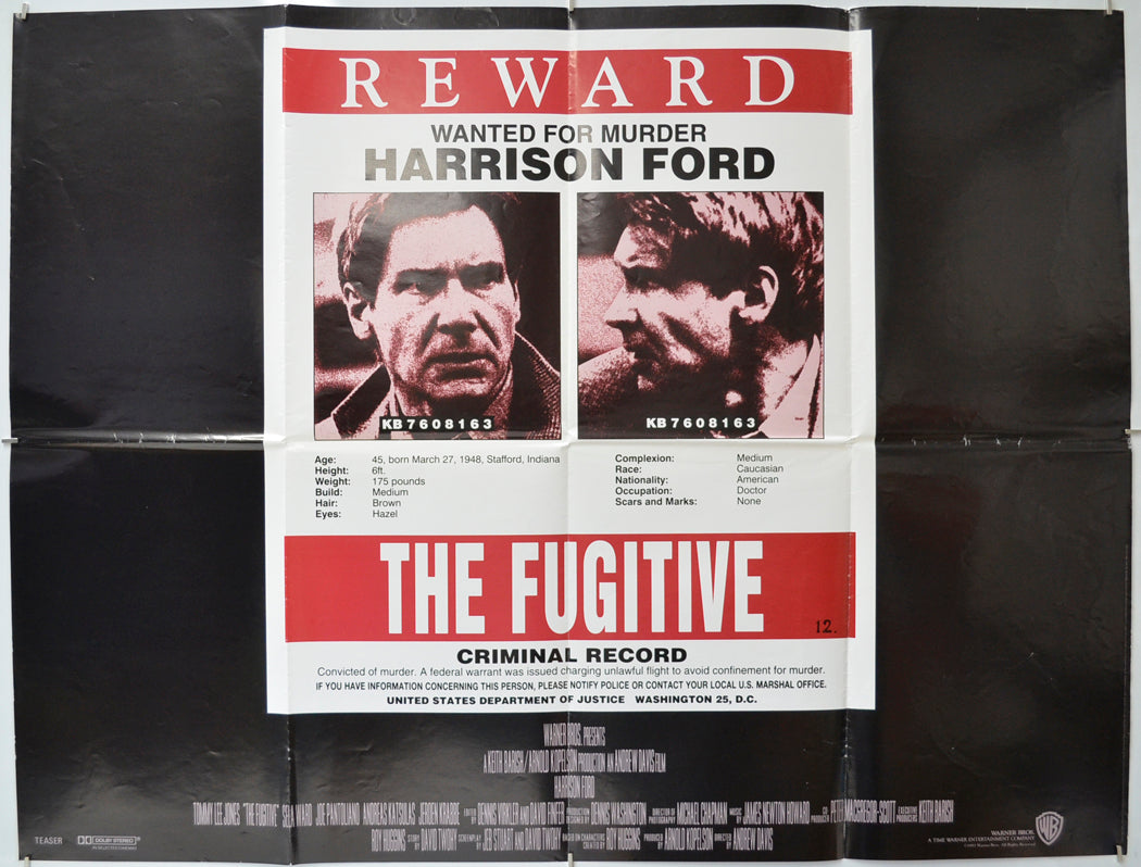 The Fugitive (Teaser / Advance Version)  <h2>Original Quad Poster - Film Poster - Movie Poster