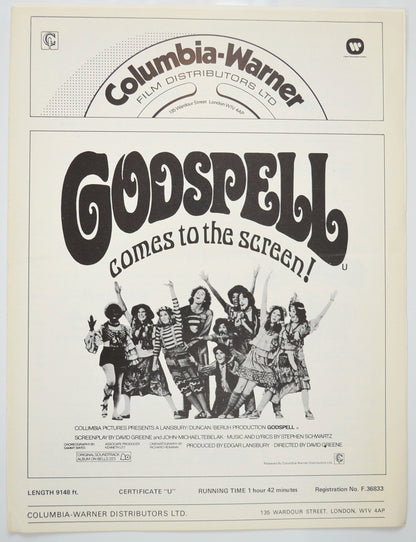 Godspell Original 4 Page Cinema Exhibitors Campaign Pressbook (UK) + 4 page merchandising Supplement