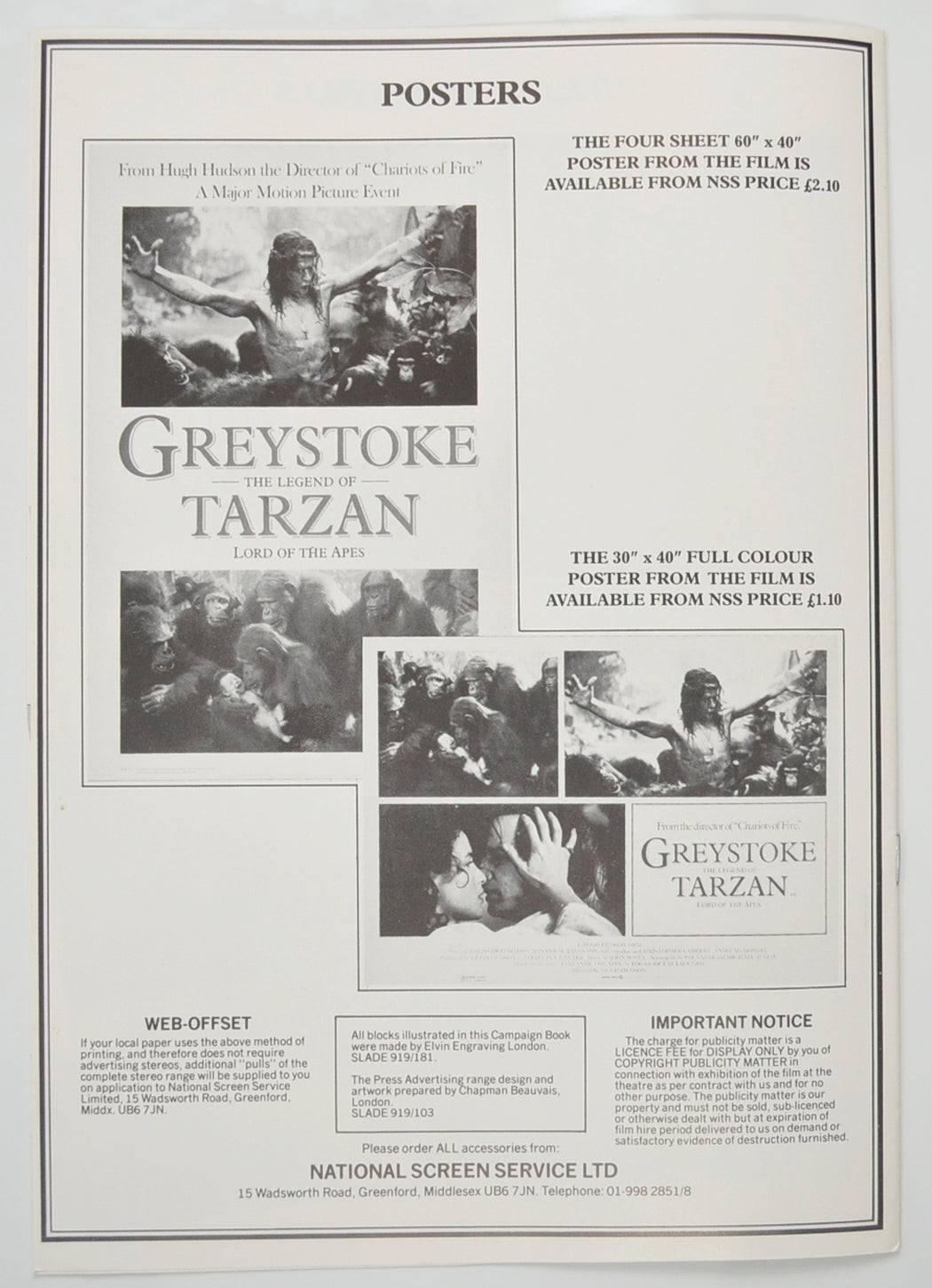 GREYSTOKE : THE LEGEND OF TARZAN Cinema Exhibitors Campaign Pressbook - BACK 