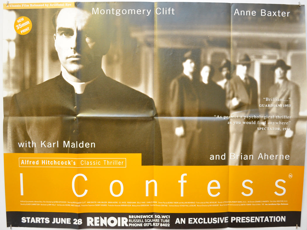 I Confess (Poster for the 1995 Artificial Eye re-release of the 1953 Hitchock Classic) Original Quad Poster - Film Poster - Movie Poster