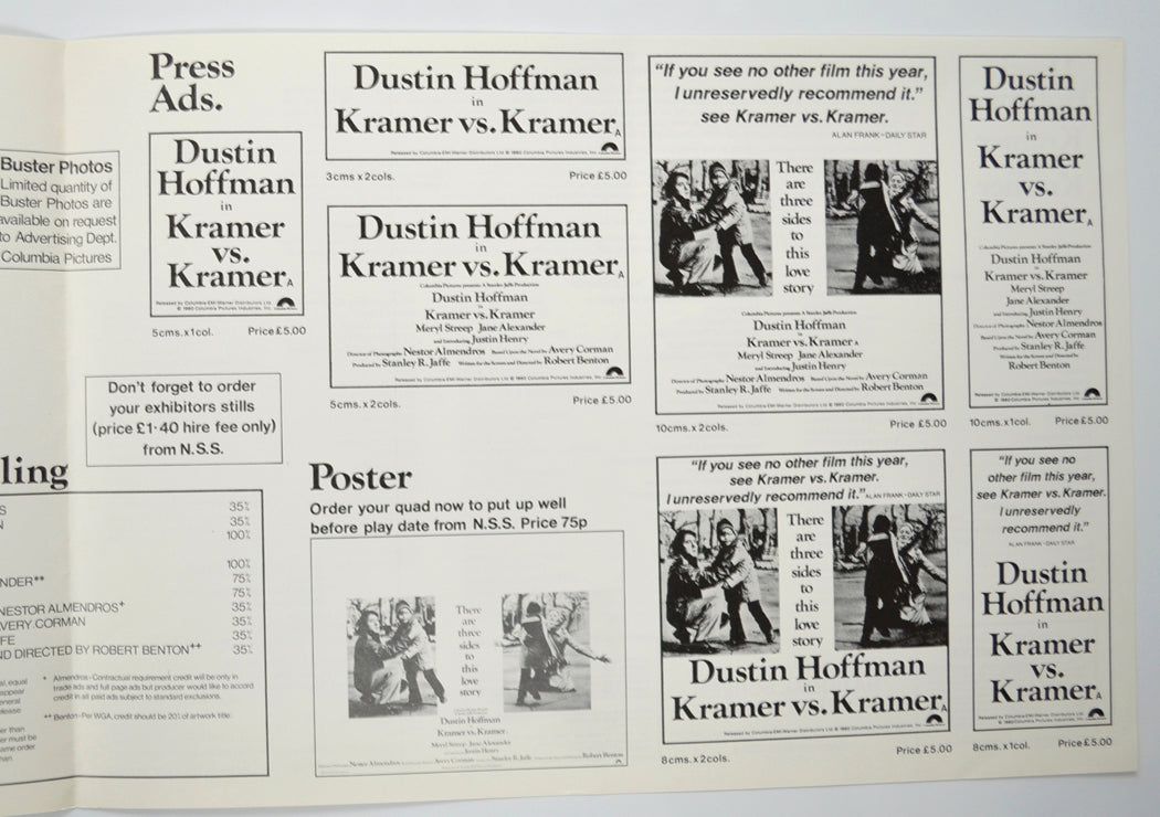 KRAMER VS KRAMER Cinema Exhibitors Campaign Pressbook - BACK  