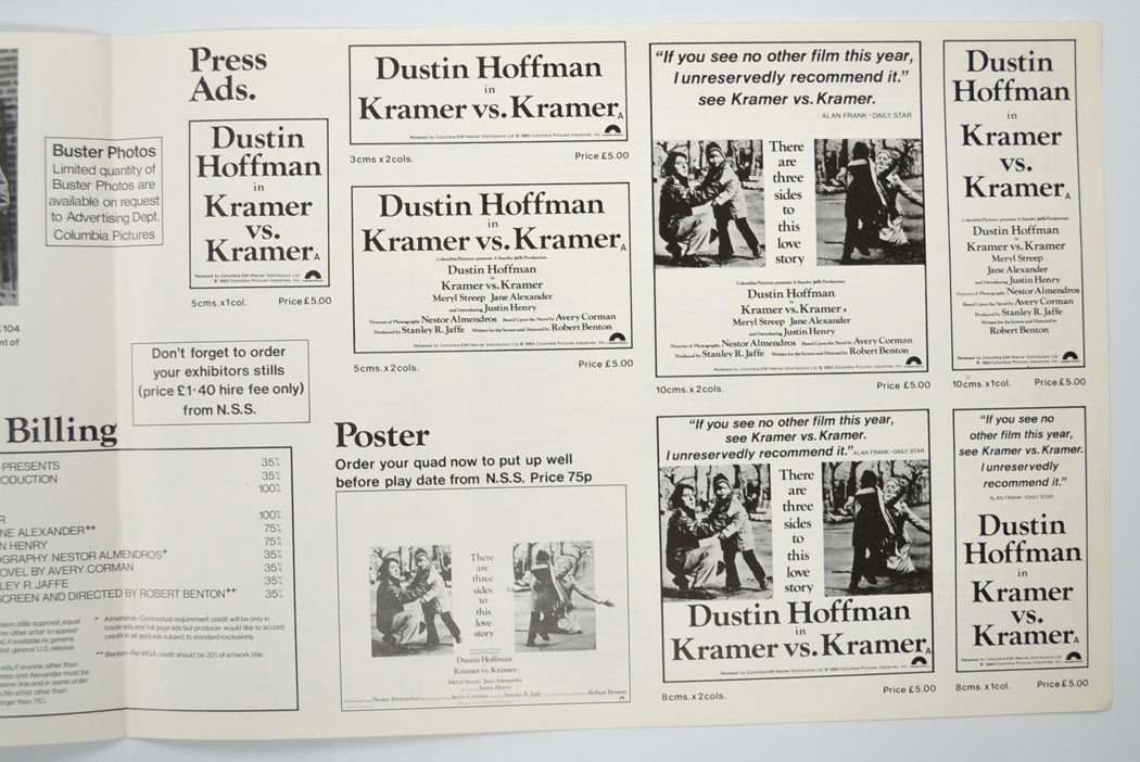 KRAMER VS KRAMER Cinema Exhibitors Campaign Pressbook - BACK  