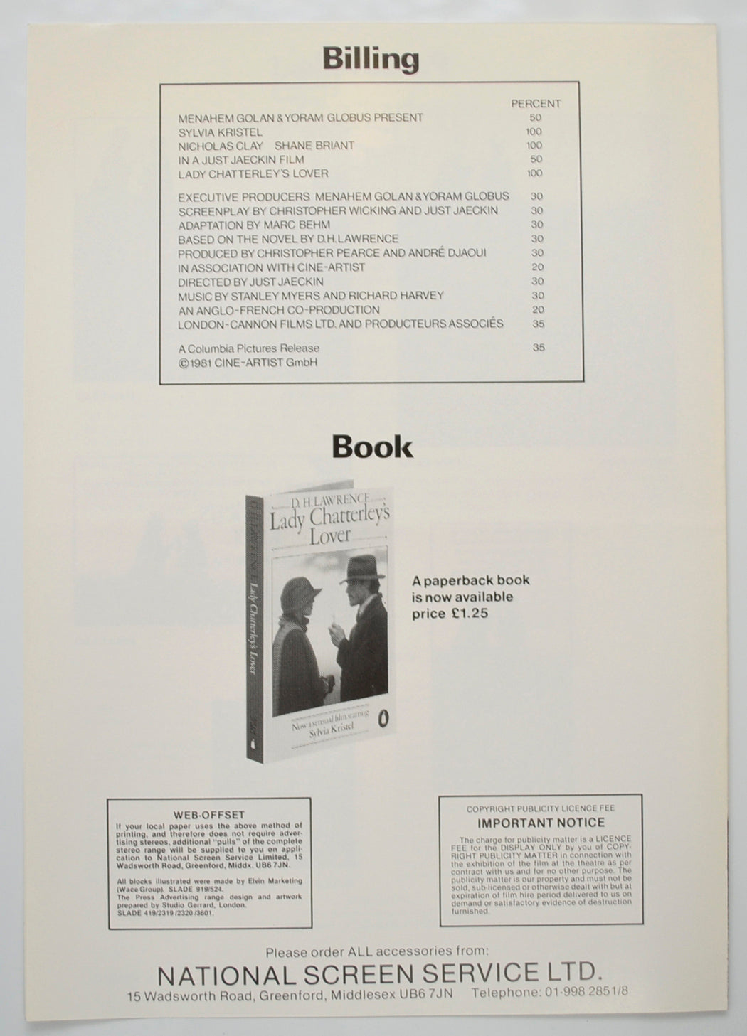 LADY CHATTERLEY’S LOVER Cinema Exhibitors Campaign Pressbook - BACK  