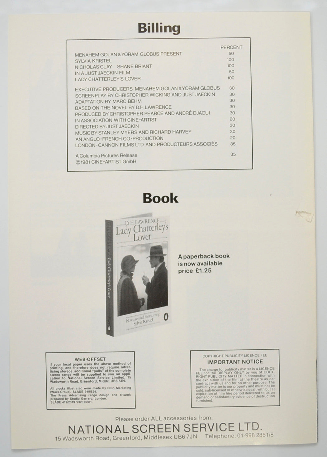 LADY CHATTERLEY’S LOVER Cinema Exhibitors Campaign Pressbook - BACK  