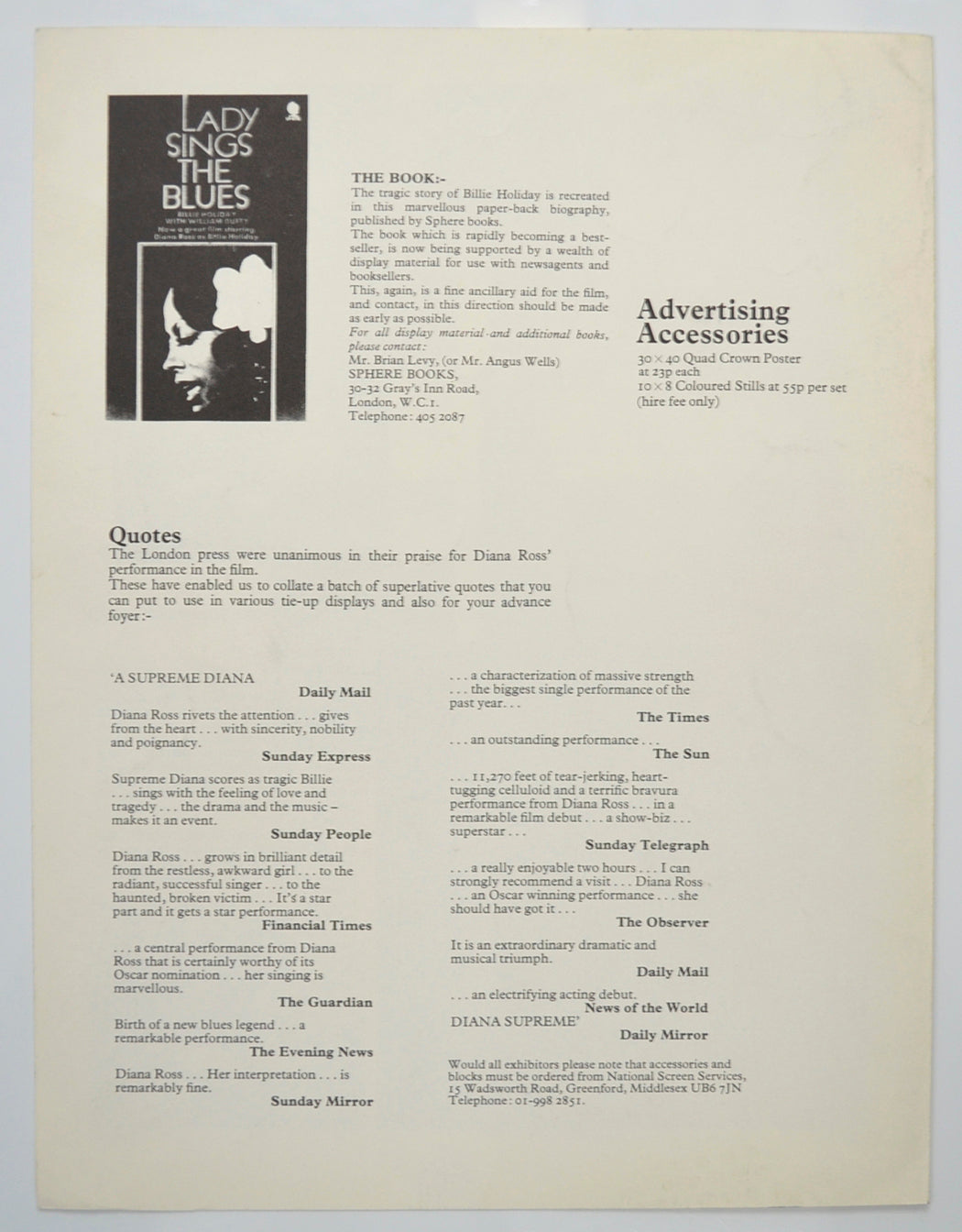 LADY SINGS THE BLUES Cinema Exhibitors Campaign Pressbook - BACK  