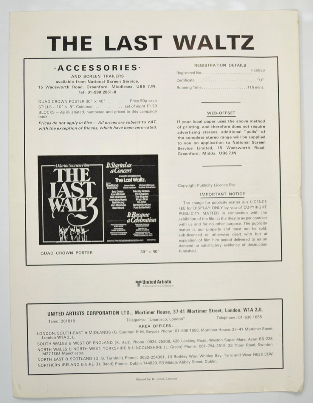 THE LAST WALTZ Cinema Exhibitors Campaign Pressbook - BACK 