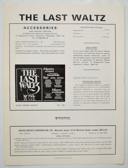 THE LAST WALTZ Cinema Exhibitors Campaign Pressbook - BACK 