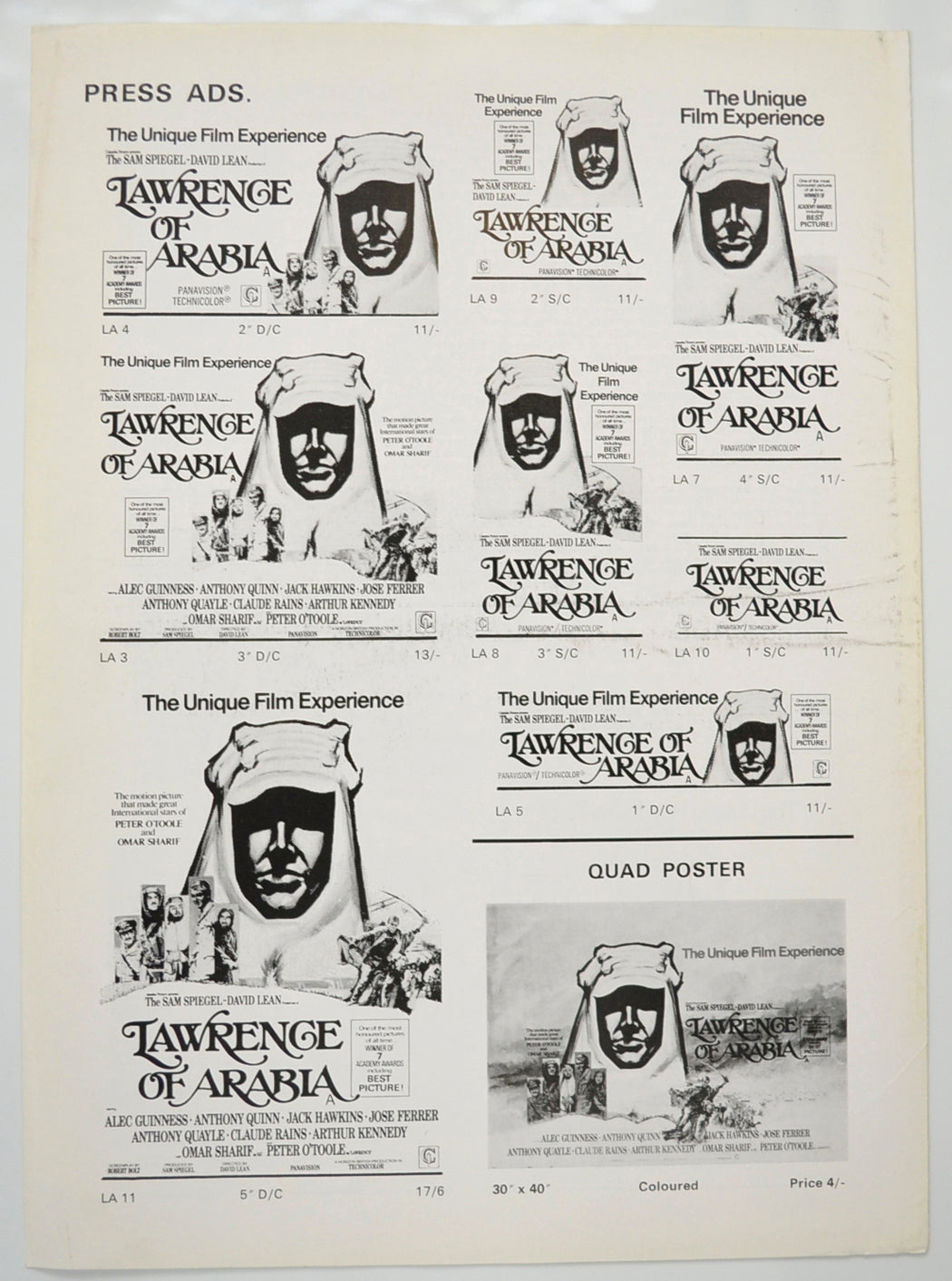 LAWRENCE OF ARABIA Cinema Exhibitors Campaign Pressbook - BACK  