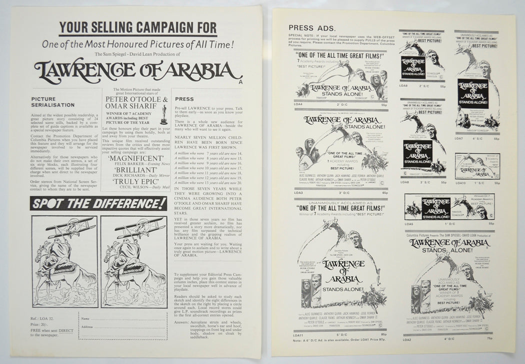 LAWRENCE OF ARABIA Cinema Exhibitors Campaign Pressbook – LOOSE SHEETS  