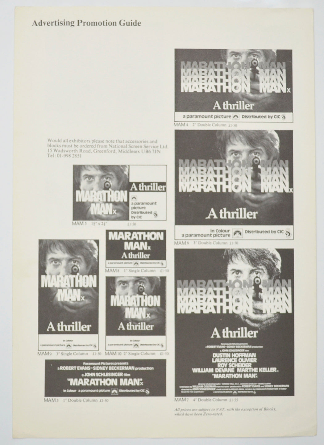 Marathon Man Original Single Page Cinema Exhibitors Campaign Pressbook (UK)