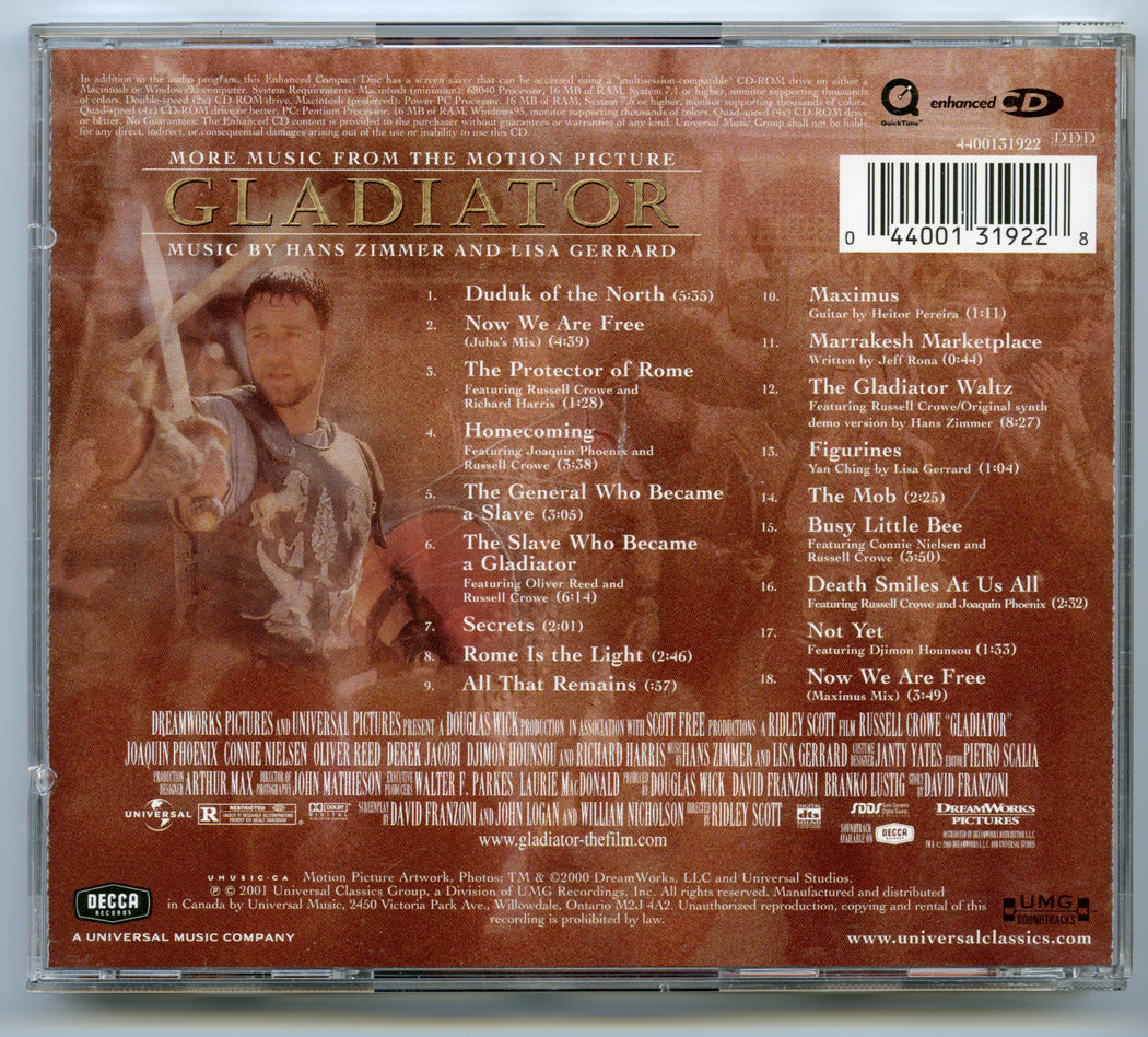 MORE MUSIC FROM GLADIATOR Original CD Soundtrack (back) 