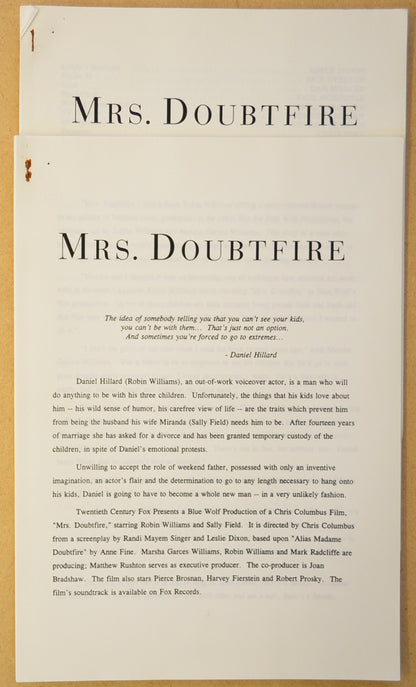 MRS DOUBTFIRE Original Cinema Press Kit – Production Info 