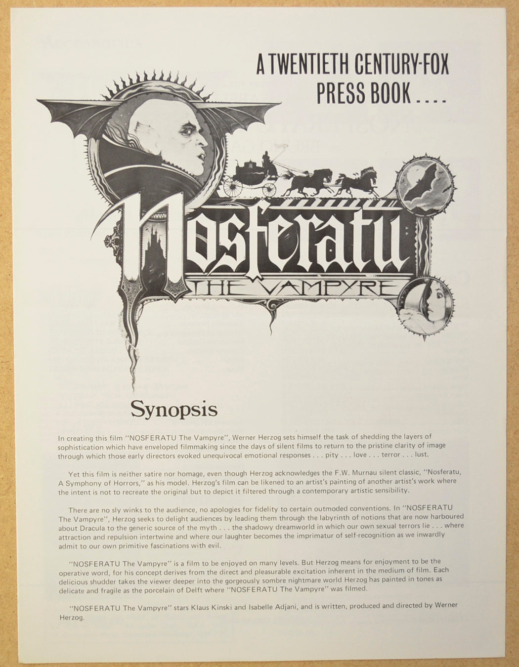 Nosferatu The Vampyre Original 4 Page Cinema Exhibitors Campaign Press Book (UK)