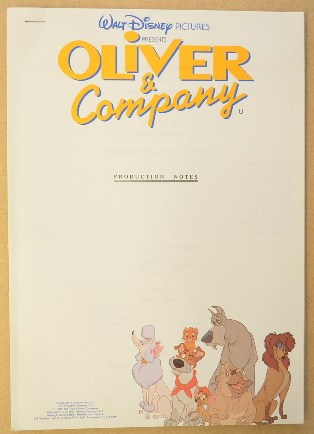 OLIVER AND COMPANY Original Cinema Press Kit – Production Info 